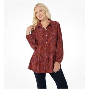 LOGO by Lori Goldstein Women's M Tunic Peplum Blouse Button Front